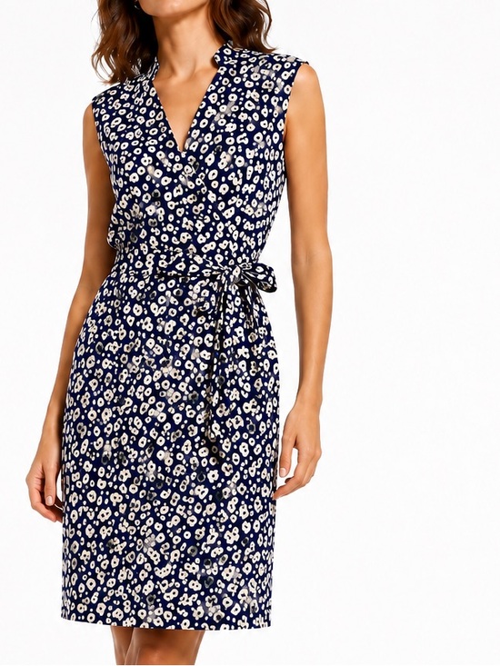 Elizabeth Crosby Dresses & Skirts - ELIZABETH CROSBY Sleeveless Navy Blue Floral Wrap-Style Dress w Self Tie